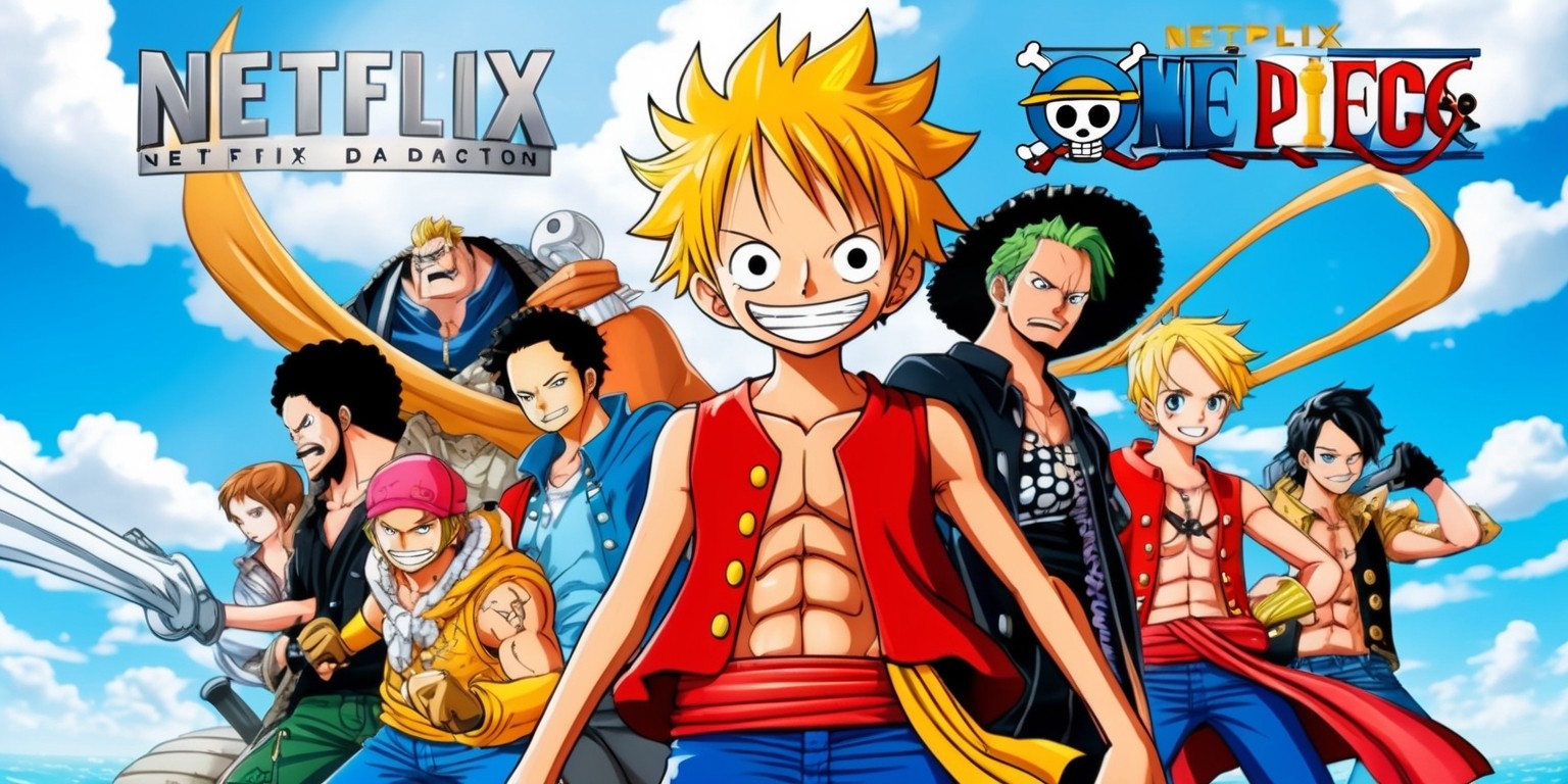 A vibrant, action-packed poster for the Netflix series adaptation of the popular manga and anime One Piece, featuring the main protagonist Monkey D. Luffy, a young boy with a infectious smile, spiky blonde hair, and a red vest, standing heroically in the center, surrounded by his diverse crew members, including Roronoa Zoro, Usopp, Sanji, Tony Tony Chopper, Nico Robin, Franky, and Brook, each with their unique facial features, skin tones, and attire, set against a bright blue sky with fluffy white clouds and a subtle hint of the Grand Line's vast ocean in the background, with the bold, curved logos of Netflix and One Piece emblazoned in silver and gold at the top and bottom, respectively, in a stylized, dynamic font, with bold lines, vivid colors, and an overall sense of adventure and camaraderie.