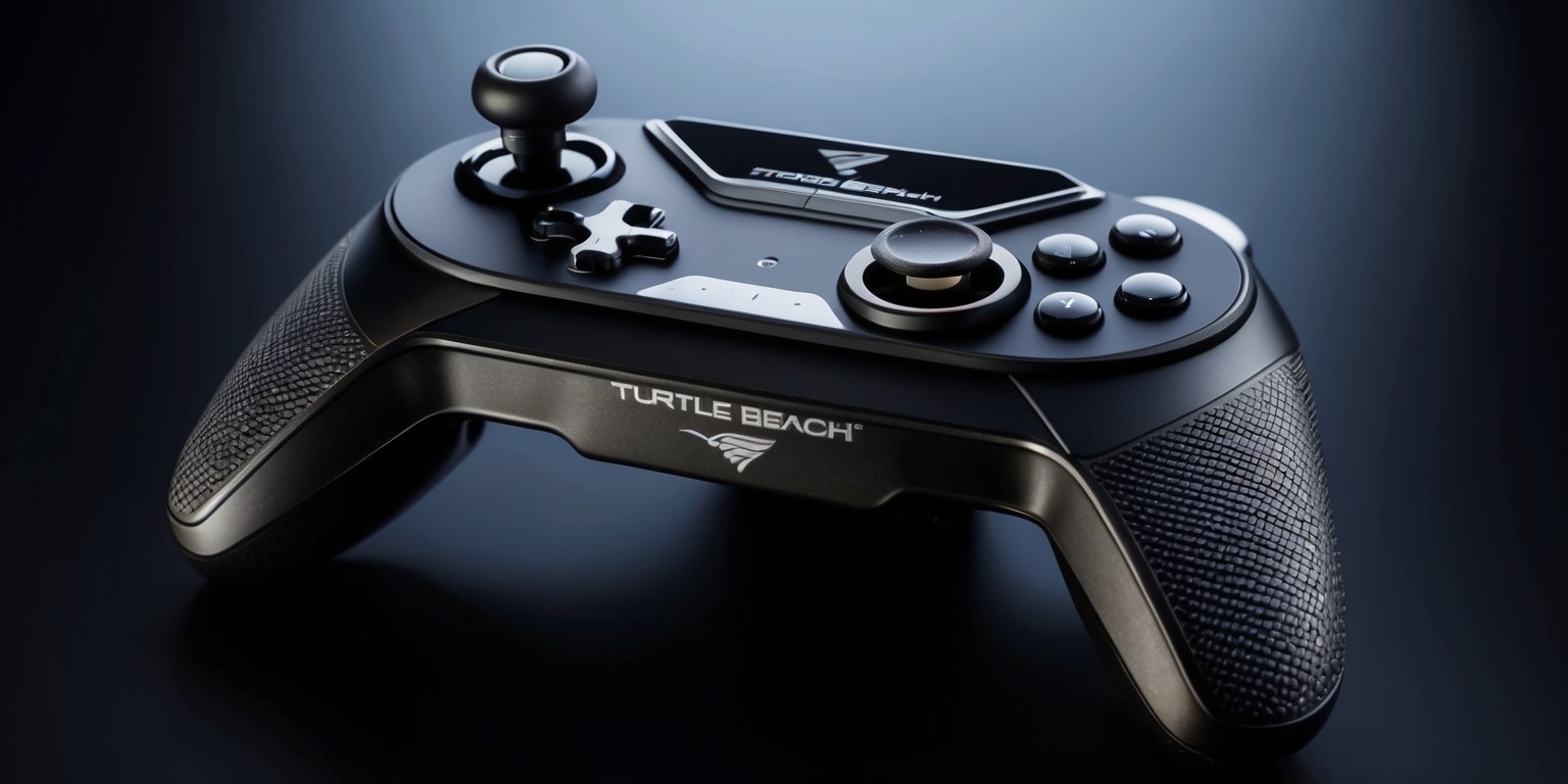 A close-up, high-angle shot of the Turtle Beach Stealth Pivot controller, a sleek and modern gaming accessory, resting on a dark, gradient-blue background that fades to black, with subtle, ambient lighting highlighting the device's contours and textures. The controller's main body is primarily black with metallic accents and a subtle, textured grip pattern on the handles. The Pivot's signature flip-up mic and removable, swappable paddle designs are prominently displayed. The Turtle Beach logo, a stylized, silver-and-black script, is emblazoned on the top of the controller, above the directional pad. The overall aesthetic is one of premium, high-tech gaming gear, with clean lines, minimal clutter, and a focus on showcasing the controller's innovative features.