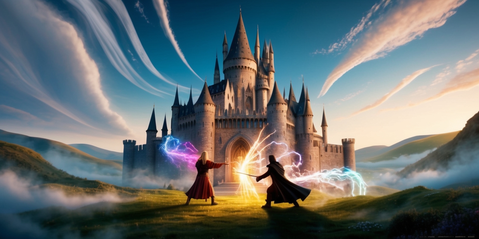 A majestic, medieval-inspired castle stands tall in the center of a mystical, fantasy landscape, surrounded by rolling hills and wispy clouds, with a faint, golden light casting long shadows, as two wizards engage in an epic duel, their wands clashing with bursts of colorful magic, amidst a whirlwind of swirling mist and ethereal energies, with intricate stone walls, towering spires, and grand, arched windows reflecting the drama and intensity of the magical battle, set against a rich, gradient blue sky with a hint of crimson dawn, and adorned with ancient, mystical runes and symbols etched into the castle's facade, conveying a sense of ancient wisdom and mystique.