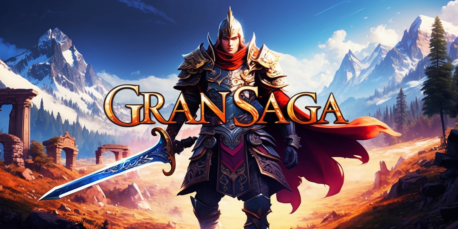 A vibrant, fantasy-inspired illustration of the Gran Saga game, featuring a heroic protagonist with intricate armor and a majestic sword, set against a sweeping landscape of mystical ruins, ancient forests, and snow-capped mountains, with a warm, golden light casting long shadows and highlighting the dramatic textures of the characters and environment, rendered in a stunning, high-definition digital art style with bold lines, vibrant colors, and intricate details, with a focus on capturing the sense of adventure, heroism, and wonder that defines the Gran Saga game.