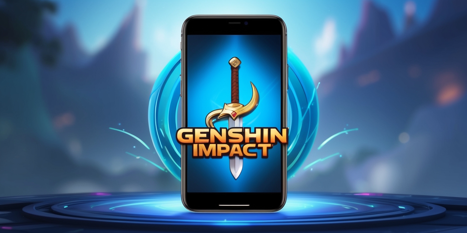 A vibrantly colored digital illustration of the Genshin Impact app on a sleek, modern smartphone screen, with the app's iconic logo, a stylized, curved sword with intricate details, prominently displayed on the center of the screen, surrounded by a subtle, gradient blue background that evokes a sense of adventure and fantasy, with the app's name Genshin Impact written in bold, golden font above the logo, and a few subtle, glowing accents that hint at the game's magical elements, all set against a blurred, out-of-focus cityscape or mystical landscape in the background, with a shallow depth of field that draws the viewer's attention to the app itself.