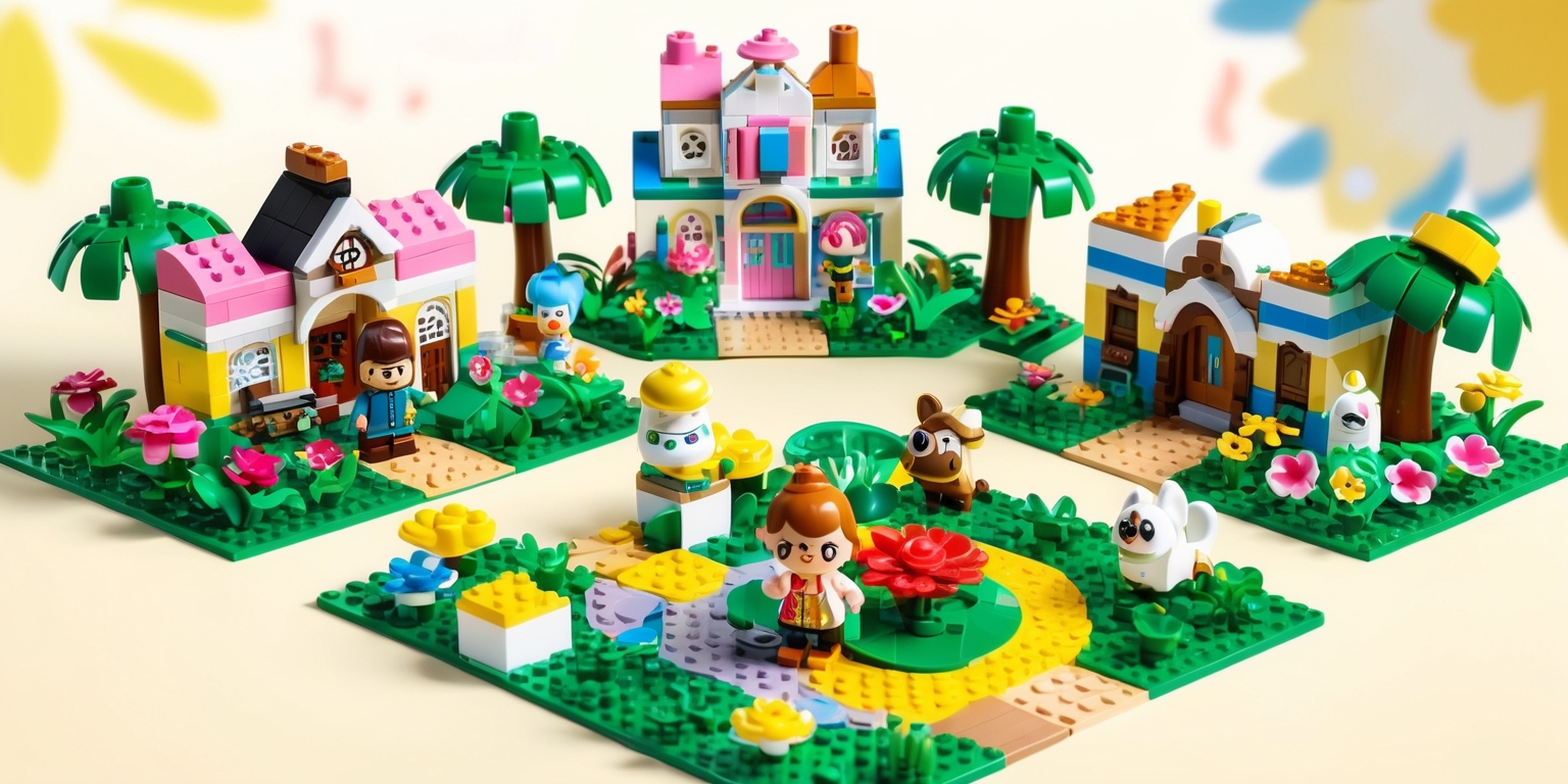 A vibrant, whimsical illustration of a series of Lego Animal Crossing themed playsets, showcasing a miniature toy village with intricate details, colorful buildings, and adorable Lego figurines of Tom Nook, K.K. Slider, and other beloved characters from the popular video game series, surrounded by lush greenery, vibrant flowers, and decorative paths, with a mix of bright, pastel colors such as pink, blue, yellow, and green, set against a soft, creamy white background that mimics a sunny day, with a shallow depth of field to emphasize the delightful, three-dimensional quality of the Lego bricks and toys.