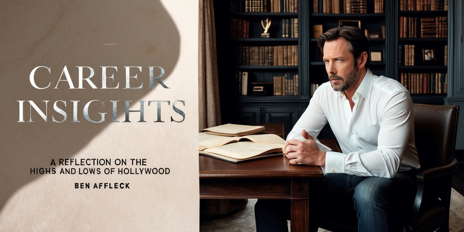 A dramatic, high-contrast editorial photograph featuring a contemplative Ben Affleck sitting in a dimly lit, luxurious study, surrounded by shelves filled with classic literature and various awards, with a few scattered scripts and director's notes on a wooden desk in front of him, his eyes cast downward in thought, his facial features illuminated by a soft, warm sidelight, his skin tone a natural, healthy complexion, his dark hair neatly combed back, his expression a mix of introspection and determination, wearing a crisp, white dress shirt with a few buttons undone, and a pair of fitted, dark-washed jeans, with a worn, black leather journal and a silver pen lying open on the desk, as if he has just jotted down a profound idea, against a muted, earthy background with subtle, gradient tones of brown and beige, with the title Career Insights emblazoned in bold, modern, silver font across the top of the image, and the article's tagline A Reflection on the Highs and Lows of Hollywood written in smaller, cursive text at the bottom.