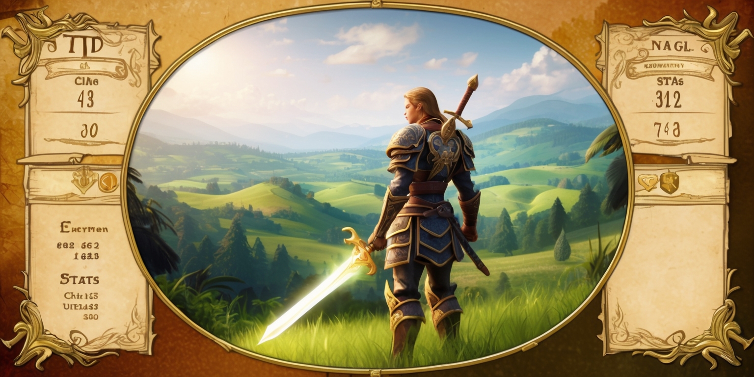 A beautifully remastered classic RPG game scene set in a lush, vibrant fantasy world, with a heroic warrior standing proudly in the center, clad in intricately designed armor adorned with golden accents, gazing out at a sprawling landscape of rolling hills and mystical forests, with a subtle hint of magic emanating from the atmosphere, as the warrior's sword glows softly with an ethereal light, surrounded by ornate, hand-drawn UI elements and stats displays in a elegant, serif font, with a subtle worn, parchment-like texture overlay, evoking a sense of nostalgia and wonder, against a warm, golden-brown background that appears to be aged to perfection, as if plucked straight from a beloved childhood memory.